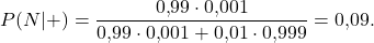 \[P(N|+) = \frac{0{,}99\cdot 0{,}001}{0{,}99\cdot 0{,}001 + 0{,}01\cdot 0{,}999} = 0{,}09.\]